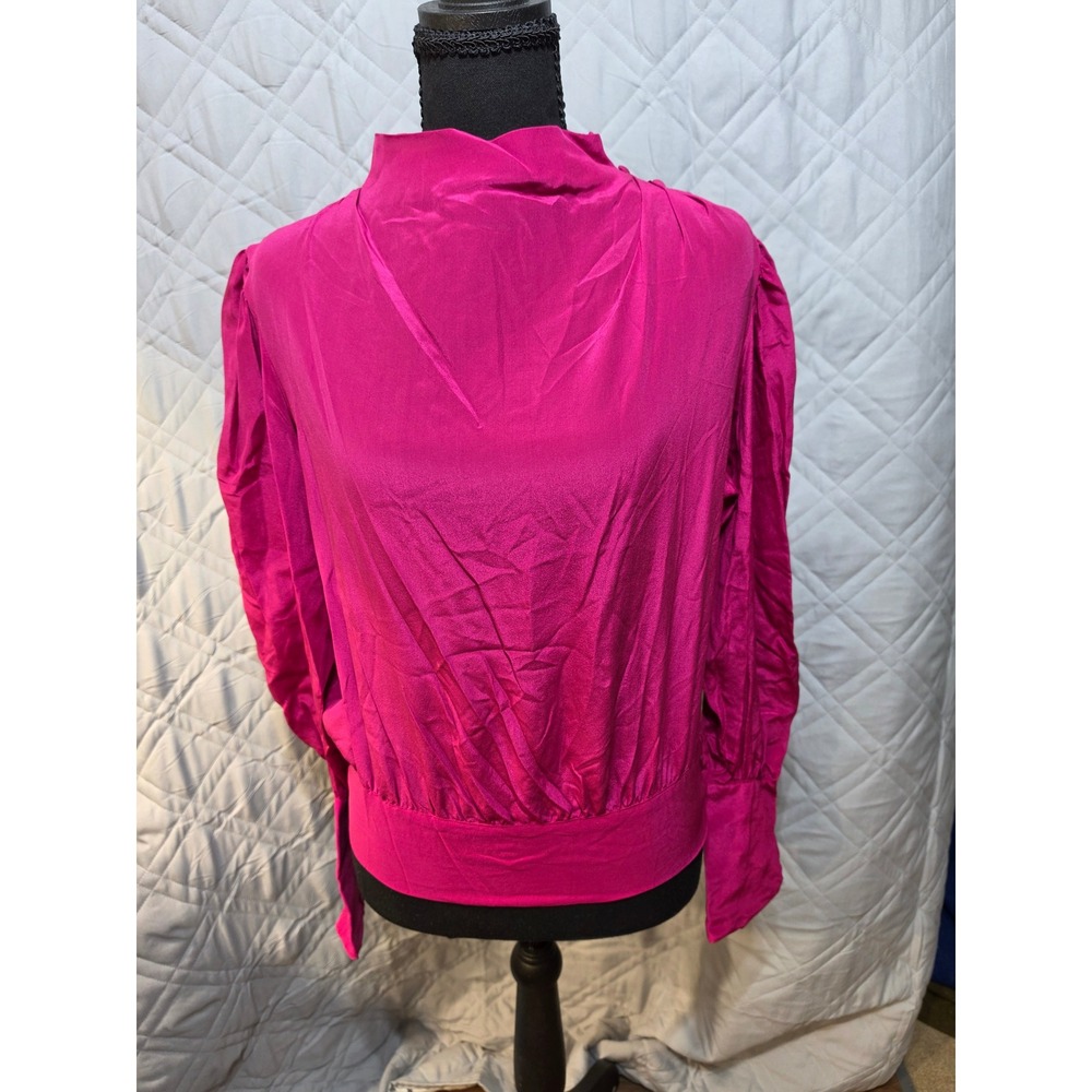 Wayne Rogers Vintage 100% Silk Blouse Magenta Pink High Neck Puff Sleeve Size 8